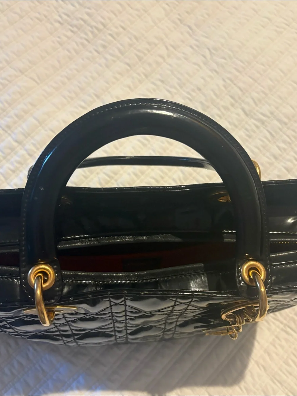 Dior Black Quilted Patent Tote Bag with Gold Charm